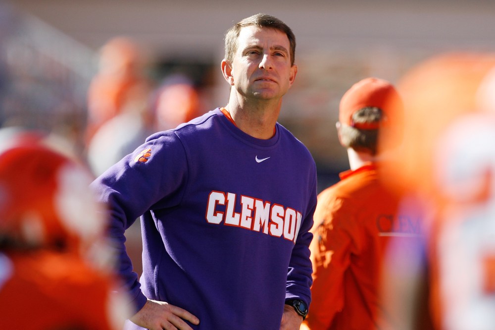 Head Coach Dabo Swinney of the Clemson Tigers looks on prior to their game against the South Carolina Gamecocks at Memorial Stadium on Nov. 29, 2014 in Clemson, S.C. (Photo by Tyler Smith/Getty)