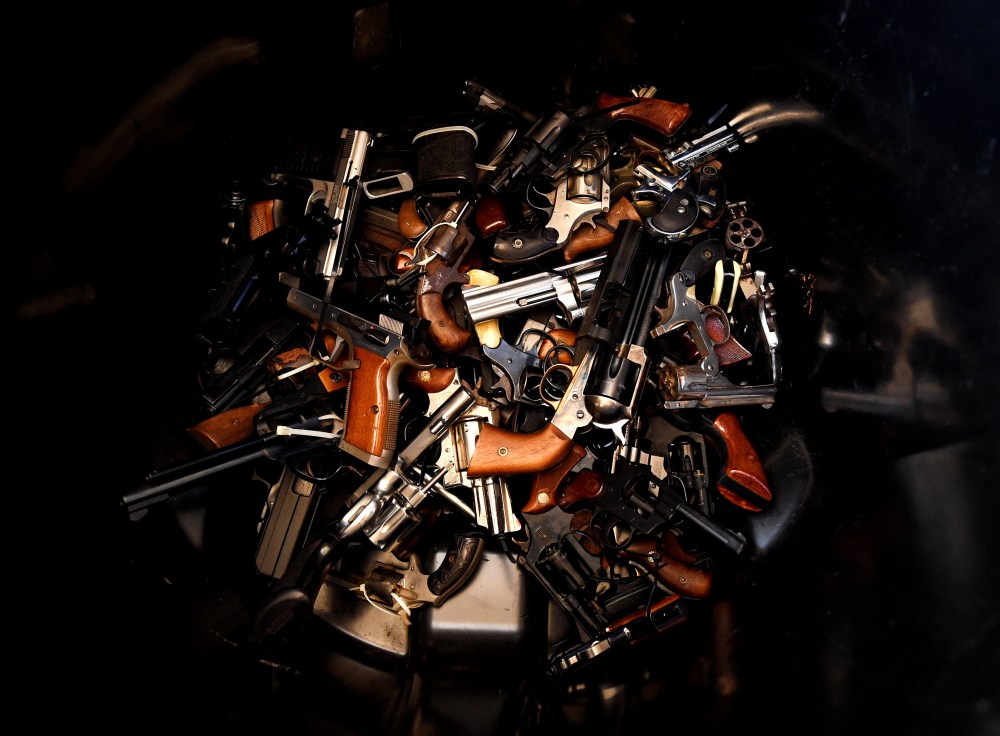 Surrendered handguns are pictured during a buyback event in Los Angeles, Calif., on Dec. 13, 2014. (Photo by Mark Ralston/AFP/Getty)