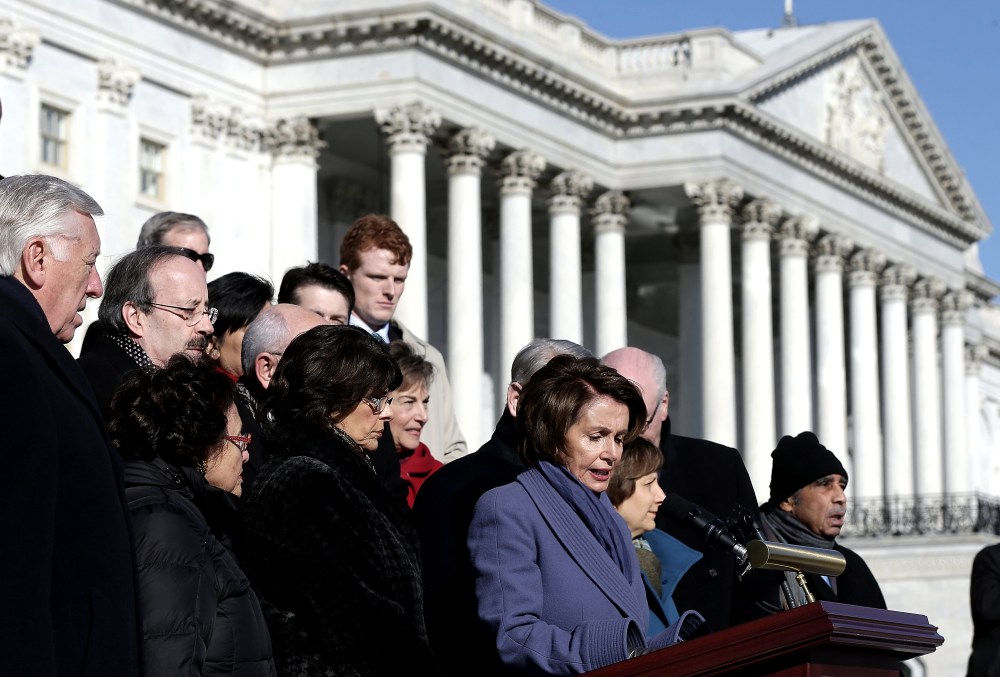 House Minority Leader Nancy Pelosi and members of the House Democratic caucus call on House Republicans to pass "clean" funding bill for the Department of Homeland Security at the US Capitol Feb. 13, 2015 in Washington, DC. (Photo by Win McNamee/Getty)