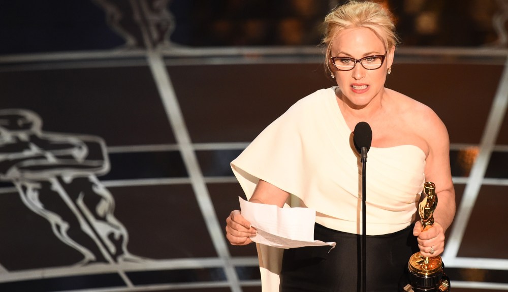 Winner for Best Supporting Actress Patricia Arquette accepts her award on stage at the 87th Oscars Feb. 22, 2015 in Hollywood, Calif. (Photo by Robyn Beck/AFP/Getty)