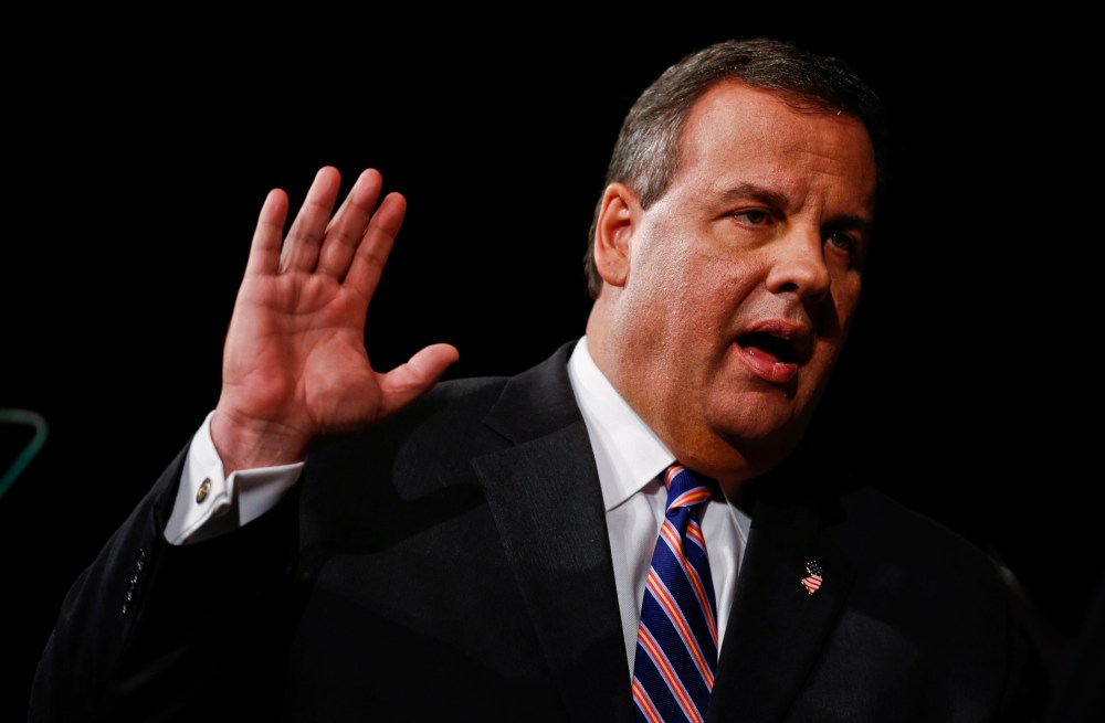 New Jersey Gov. Chris Christie is sworn in by Chief Justice of the New Jersey Supreme Court Stuart Rabner for his second term on January 21, 2014 at the War Memorial in Trenton, New Jersey.