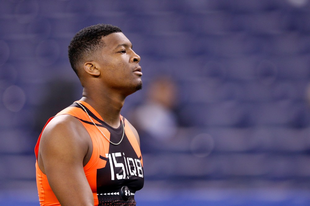 Quarterback Jameis Winston of Florida State looks on during the 2015 NFL Scouting Combine at Lucas Oil Stadium on Feb. 21, 2015 in Indianapolis, Ind. (Photo by Joe Robbins/Getty)