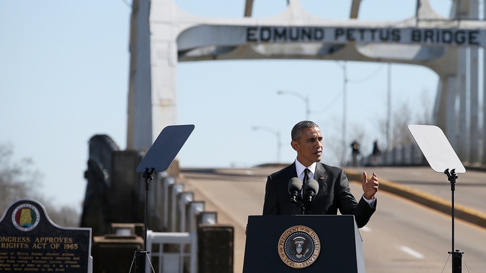 U.S. president Barack Obama speaks in front of the Edmund Pettus Bridge on March 7, 2015 in Selma, Ala. (Photo by Justin Sullivan/Getty)