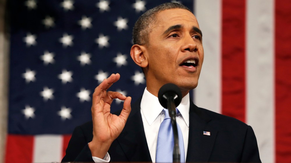 President Barack Obama delivers the State of the Union address at the US Capitol in Washington on Jan. 28, 2014. (Photo by Larry Downing/AFP/Pool/Getty)