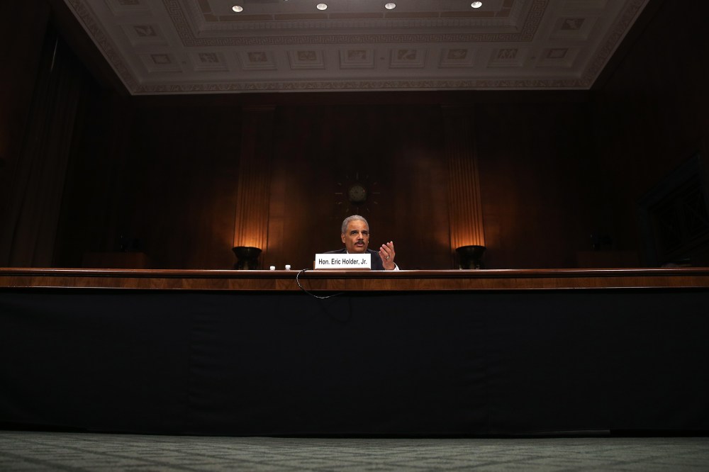 Attorney General Eric Holder testifies during a Senate Judiciary Committee hearing on Capitol Hill, on Jan. 29, 2014 in Washington, D.C. (Photo by Mark Wilson/Getty)