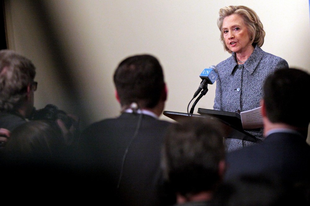 Former United States Secretary of State Hillary Clinton answers media questions after keynoting a Women's Empowerment Event at the United Nations on March 10, 2015 in New York City. (Photo by Yana Paskova/Getty)
