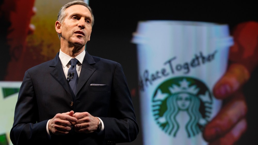 Starbucks Chairman and CEO Howard Schultz addresses the "Race Together Program" during the Starbucks annual shareholders meeting March 18, 2015 in Seattle. (Stephen Brashear/Getty)
