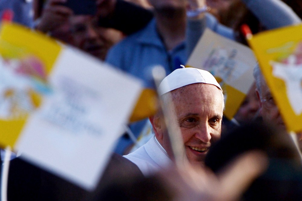 Pope Francis arrives for a meeting with youth and families as part of a pastoral visit on March 21, 2015 in Naples, Italy. (Photo by Filippo Monteforte/AFP/Getty)