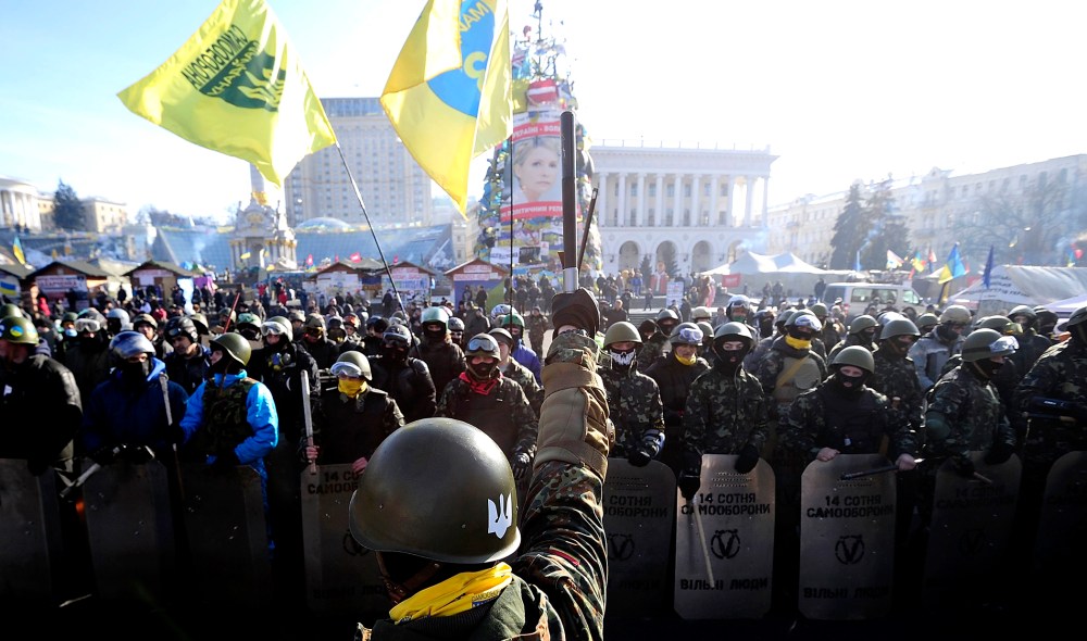 Anti-government Protesters gather at the Independence Square after demonstrating around the national Stadium on Feb. 6, 2014 in Kiev, Ukraine.