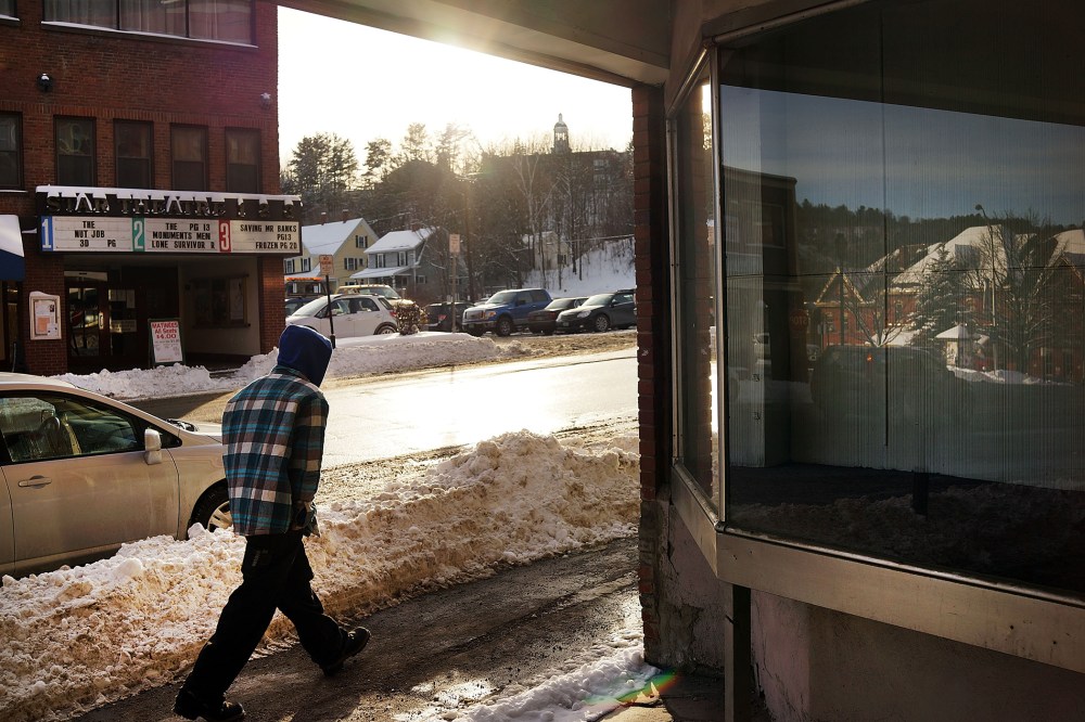 A man walks down a street in St. Johnsbury, a town which has a high rate of heroin users, on Feb. 6, 2014 in St. Johnsbury, Vermont.