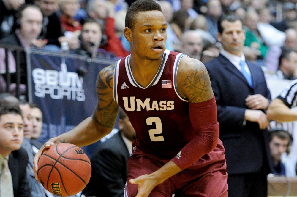 Derrick Gordon drives to the basket against the St. Bonaventure Bonnies during the second half at the Reilly Center on Jan. 29, 2014 in Olean, New York.