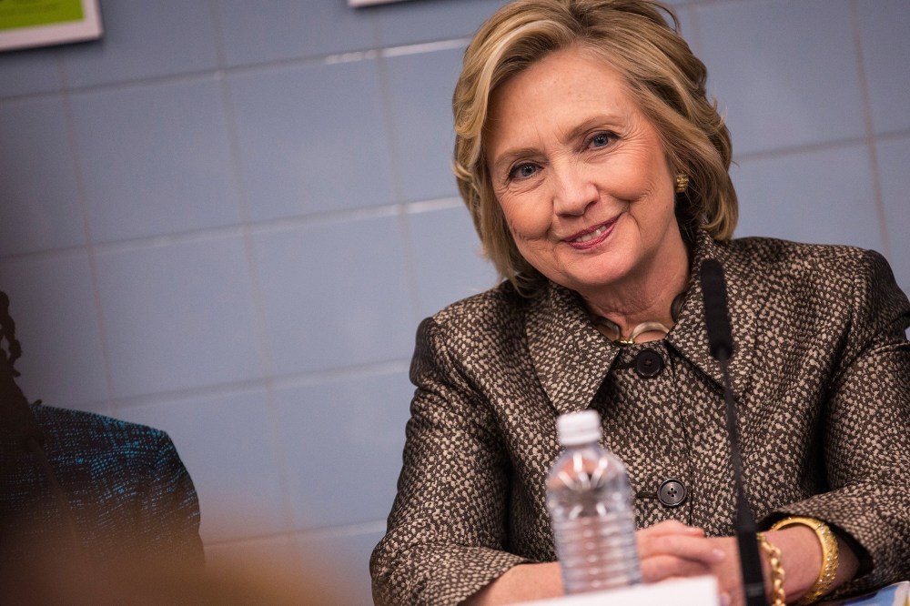 Former Secretary of State Hillary Clinton attends a round table conversation with first lady of New York City Chirlane McCray on April 1, 2015 in New York City. (Photo by Andrew Burton/Getty)