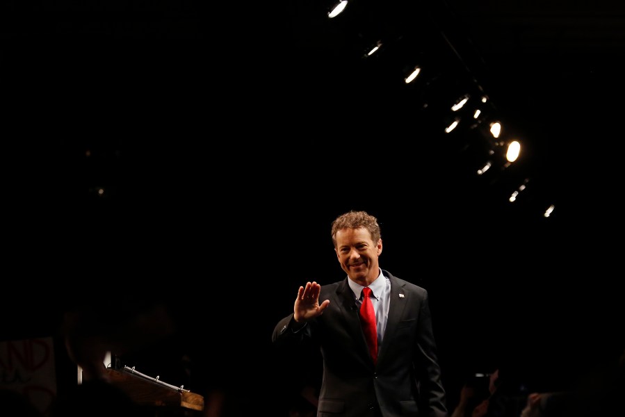 Sen. Rand Paul (R-KY) waves to supporters after announcing his candidacy for the Republican presidential nomination during an event at the Galt House Hotel on April 7, 2015 in Louisville, Ky. (Photo by Luke Sharrett/Getty)