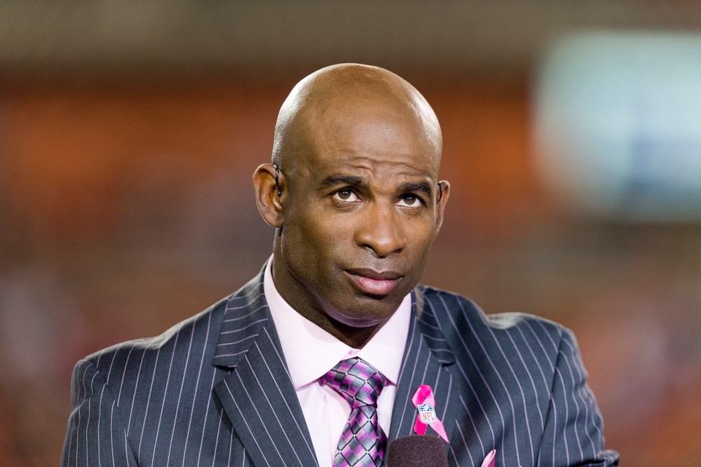 Former NFL great Deion Sanders does an interview on the set of NFL Network in Cleveland, October 3, 2013.