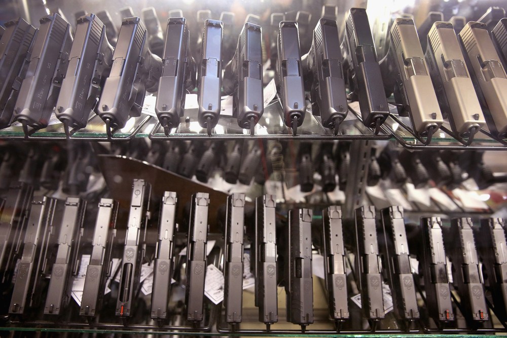 Handguns are offered for sale at Freddie Bear Sports on February 13, 2014 in Tinley Park, Illinois.