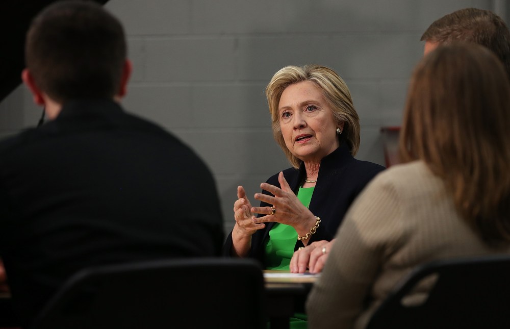 Democratic presidential hopeful Hillary Clinton speaks during a roundtable discussion with students and educators at the Kirkwood Community College Jones County Regional Center on April 14, 2015 in Monticello, Ia. (Photo by Justin Sullivan/Getty)
