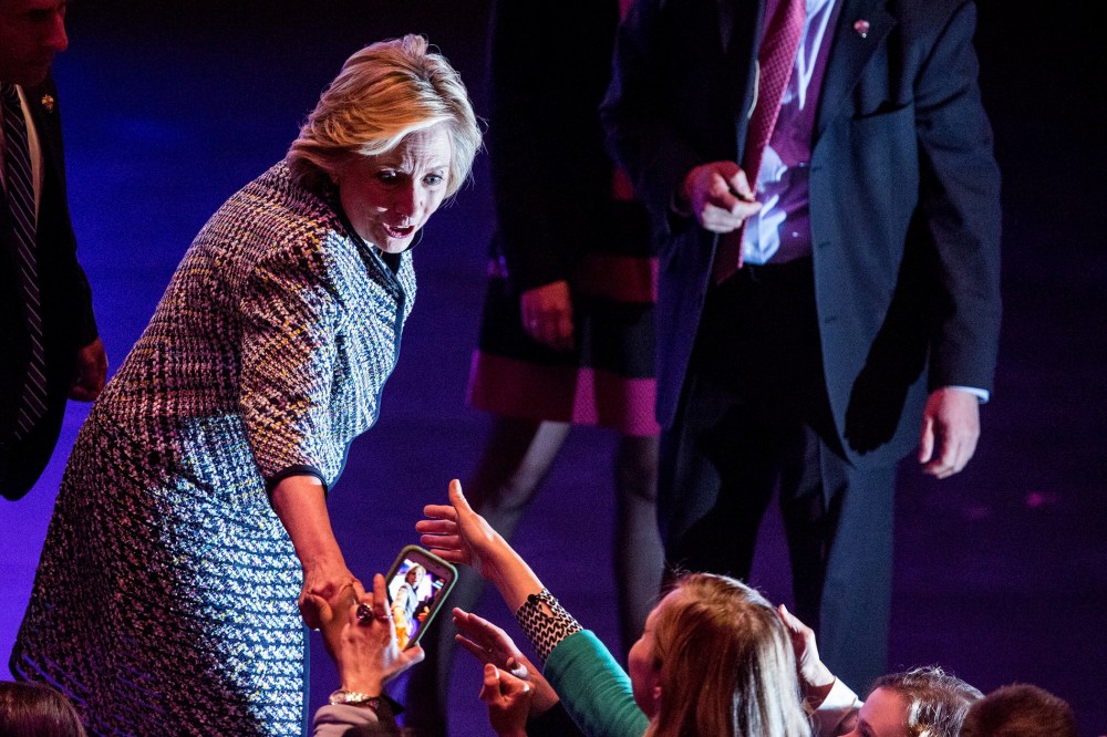 Democratic presidential hopeful and former Secretary of State Hillary Clinton shakes hands with supporters after addressing the Women in the World Conference on April 23, 2015 in New York City.