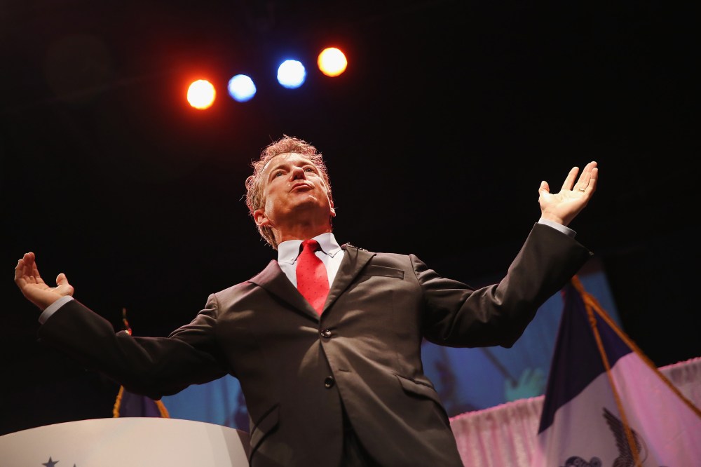Senator Rand Paul (R-Ky.) speaks to guests at the Iowa Faith and Freedom Coalition 2015 Spring Kickoff on April 25, 2015 in Waukee, Iowa. (Photo by Scott Olson/Getty)