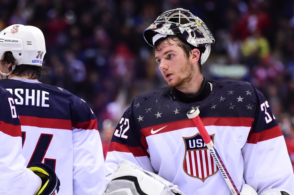 US goalkeeper Jonathan Quick reacts at the end of the Men's Ice Hockey Semifinals USA vs Canada at the Bolshoy Ice Dome during the Sochi Winter Olympics, Feb. 21, 2014.