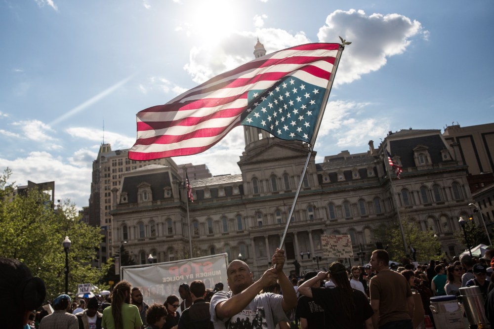 Protesters march from City hall to the Sandtown neighborhood May 2, 2015 in Baltimore, Md. (Photo by Andrew Burton/Getty)