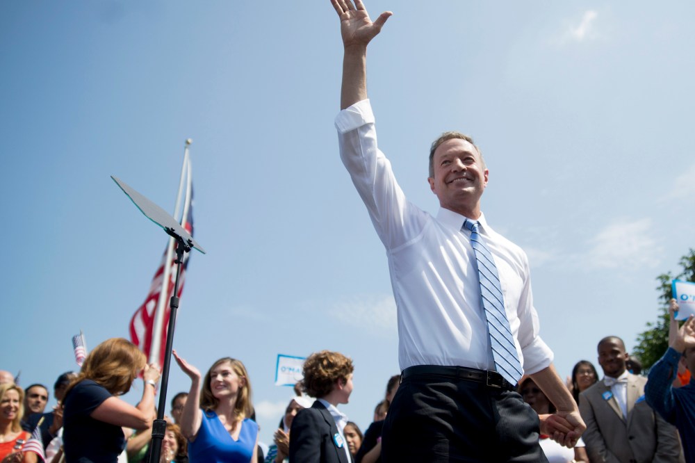 Martin O'Malley, former governor of Maryland, waves to the crowd after announcing he will seek the Democratic presidential nomination in Baltimore, Md. on May 30, 2015. (Photo by Andrew Harrer/Bloomberg/Getty)