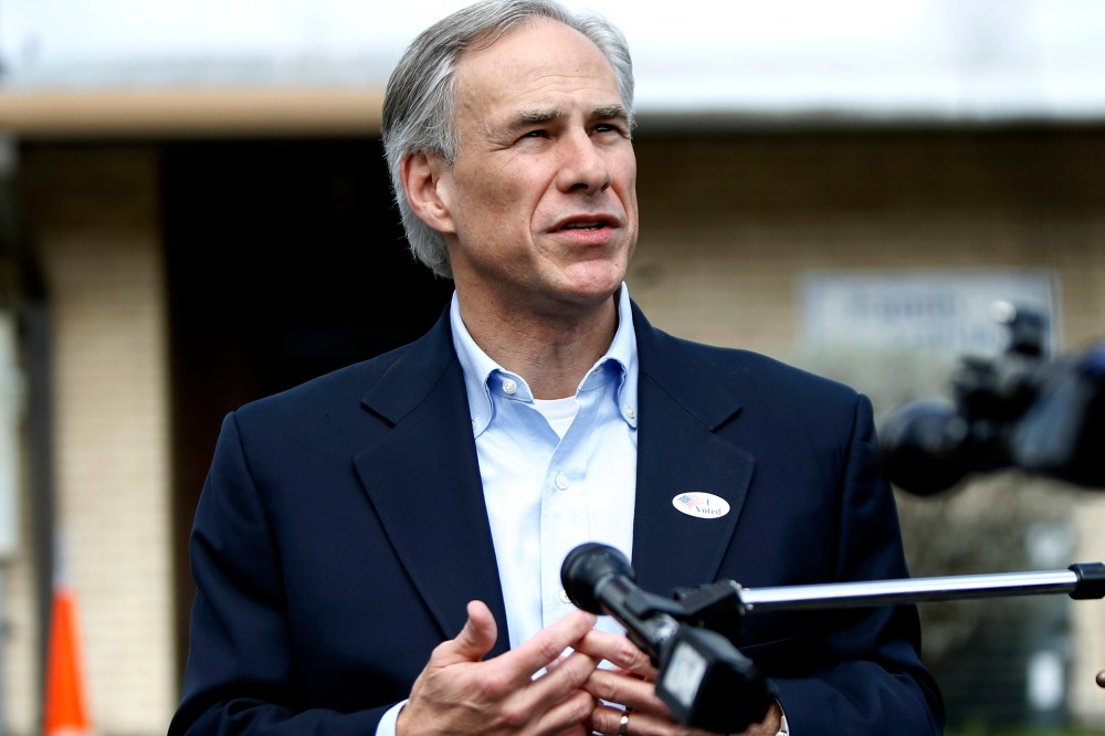 Republican candidate for governor, Texas Attorney General Greg Abbott speaks to the press after voting in the Texas primary at Western Hills Church of Christ, March 4, 2014 in Austin, Texas.