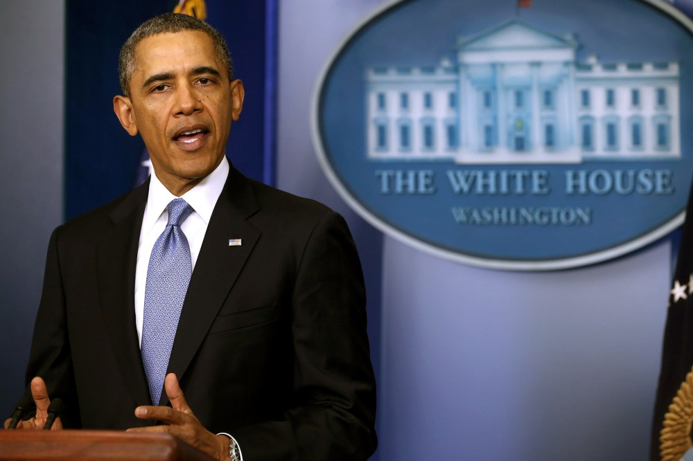President Barack Obama gives a statement in the Brady Press Briefing Room of the White House on March 17, 2014 in Washington, DC.