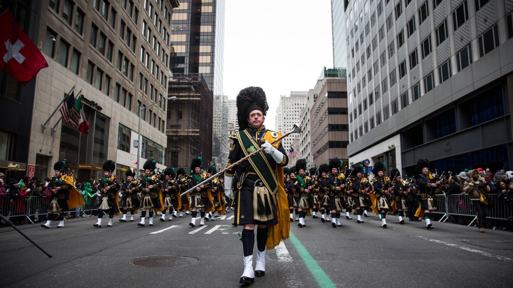 Bagpipers march in the annual St. Patrick's Day Parade along Fifth Ave in Manhattan on March 17, 2014 in New York City.