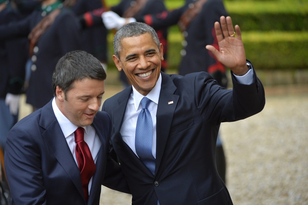 President Barack Obama (R) is welcomed by Italian Prime Minister Matteo Renzi prior a meeting at the Villa Madama on March 27, 2014 in Rome.