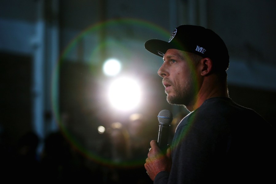 Australian surfer Mick Fanning speaks to the media during a press conference at All Sorts Sports Factory on July 21, 2015 in Sydney, Australia. (Photo by Mark Kolbe/Getty)