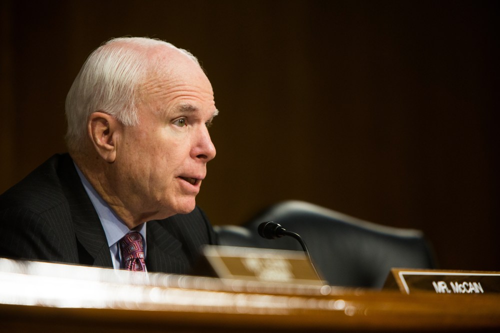 Sen. John McCain (R-Ariz.) questions a witness during a hearing on Capitol Hill in Washington, D.C., April 14, 2014.