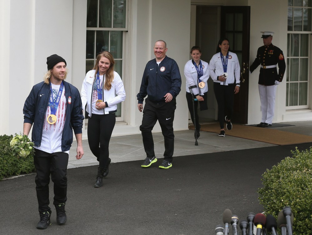 U.S. Olympian Sage Kostenberg, Olympian Mikaela Shifrin, Paralympian Jon Lujan, Paralympian Stephanie Jallen and Olympian Julie Chu walk out of the West Wing to speak to the media while visiting the White House, on April 3, 3014 in Washington, DC.