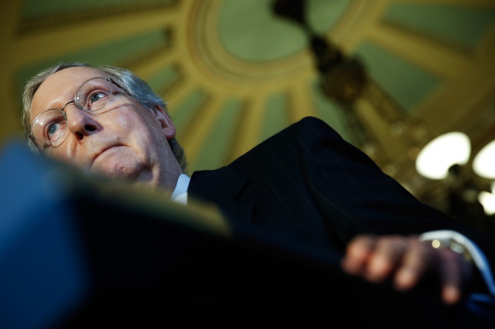 Senate Minority Leader Mitch McConnell (R-KY) speaks with reporters, April 8, 2014.