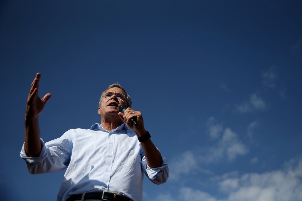 Republican presidential hopeful and former Florida Gov. Jeb Bush speaks to fairgoers during the Iowa State Fair on August 14, 2015 in Des Moines, Iowa. (Photo by Justin Sullivan/Getty)