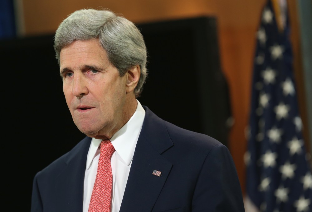 U.S. Secretary of State John Kerry speaks at the briefing room of the State Department, April 24, 2014.