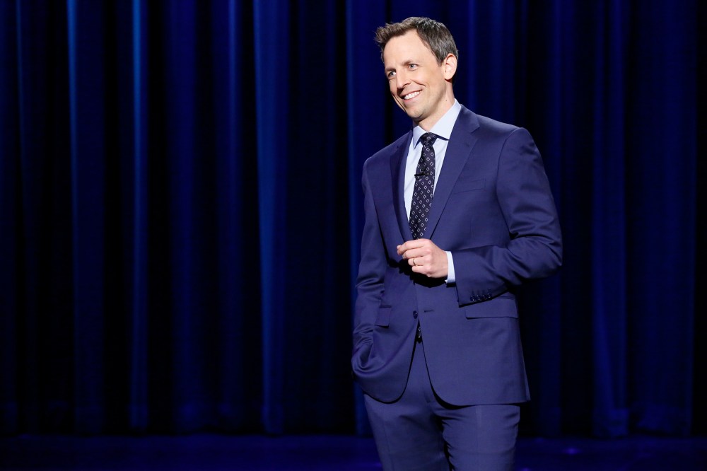 Host Seth Meyers during his Late Night monologue, April 24, 2014.