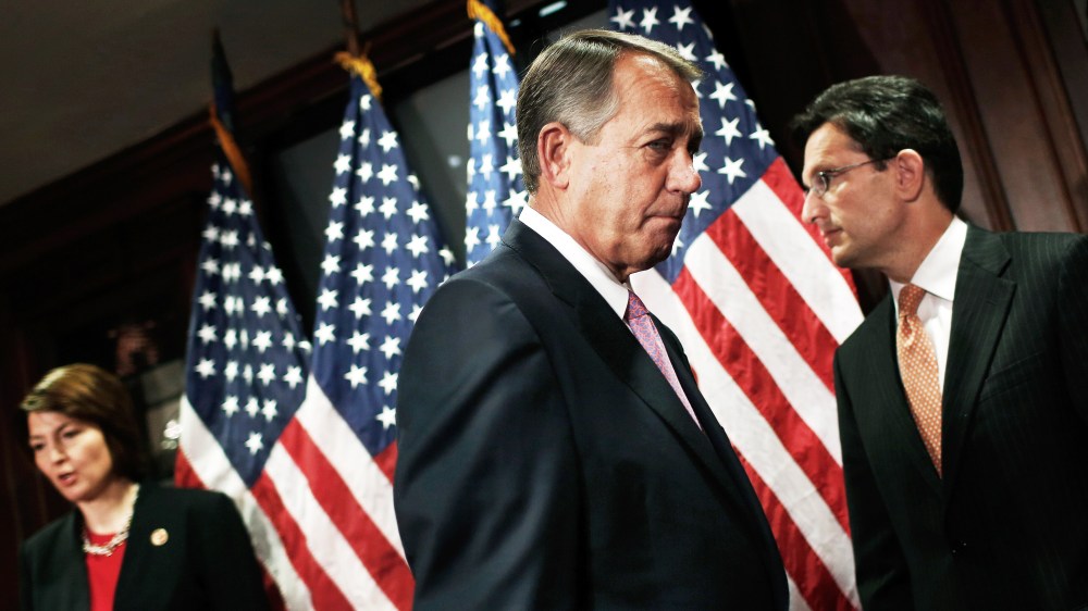 U.S. Speaker of the House John Boehner (R-OH) (C) and House Majority Leader Eric Cantor (R-VA) (R) attend a press conference with Rep. Cath McMorris Rodgers (R-OR) April 28, 2014 in Washington, DC.