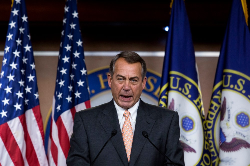 John Boehner (R-OH) answers questions during his weekly news conference on Capitol Hill, May 8, 2014 in Washington, DC.