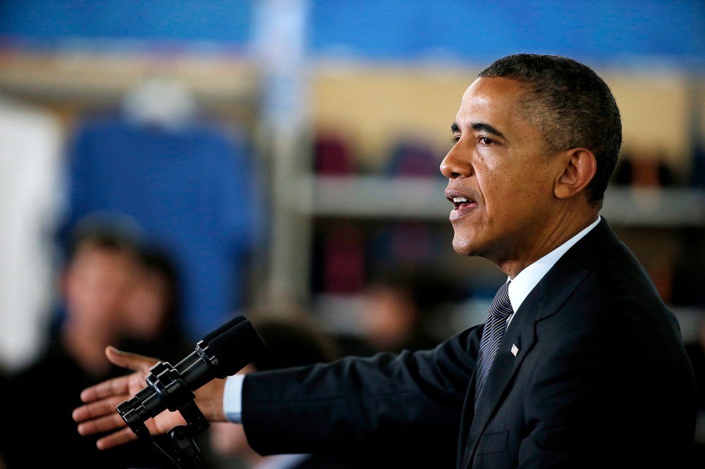 President Barack Obama speaks at a Walmart store on May 9, 2014 in Mountain View, Calif.