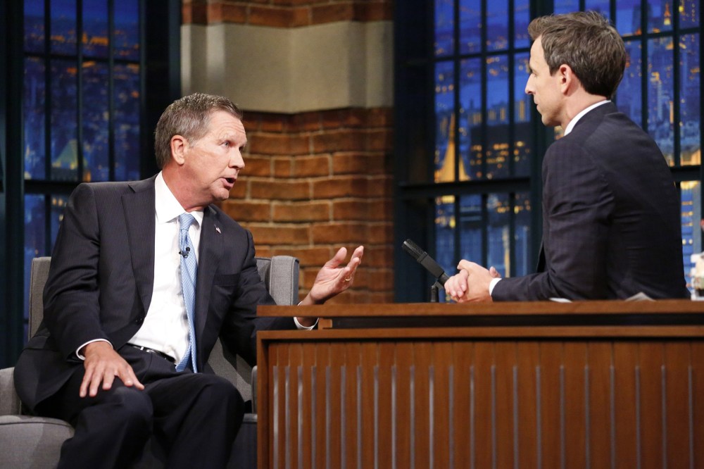 Governor John Kasich during an interview with host Seth Meyres on Sept. 22, 2015. (Photo by Lloyd Bishop/NBC/NBCU Photo Bank/Getty)