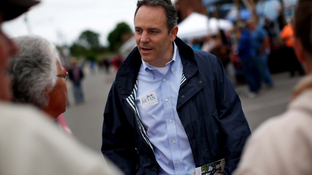 Kentucky Republican senatorial candidate Matt Bevin talks with voters at the Fountain Run BBQ Festival while campaigning for the Republican primary May 17, 2014 in Fountain Run, Ky.