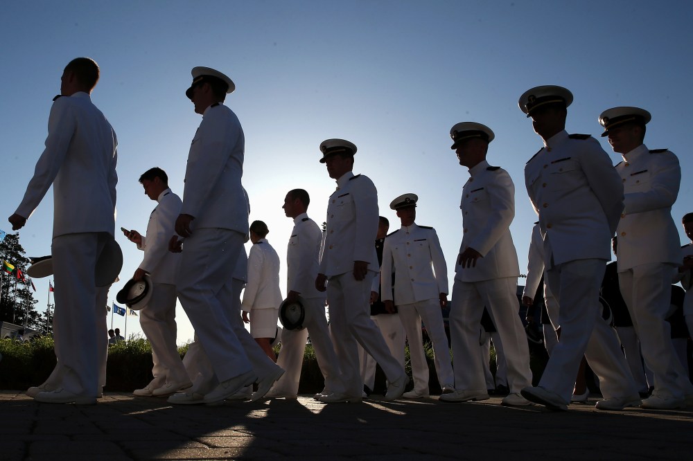 U.S. Naval Academy midshipmen gather before graduation ceremonies on May 23, 2014 in Annapolis, Md.