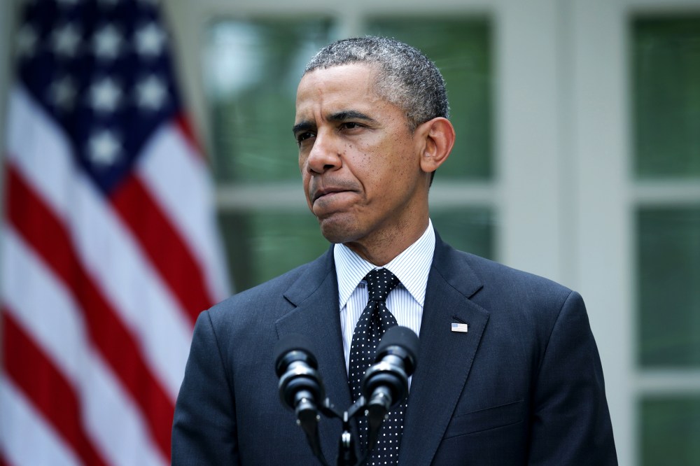 President Barack Obama pauses as he makes a statement in the Rose Garden of the White House on May 27, 2014 in Washington, DC.