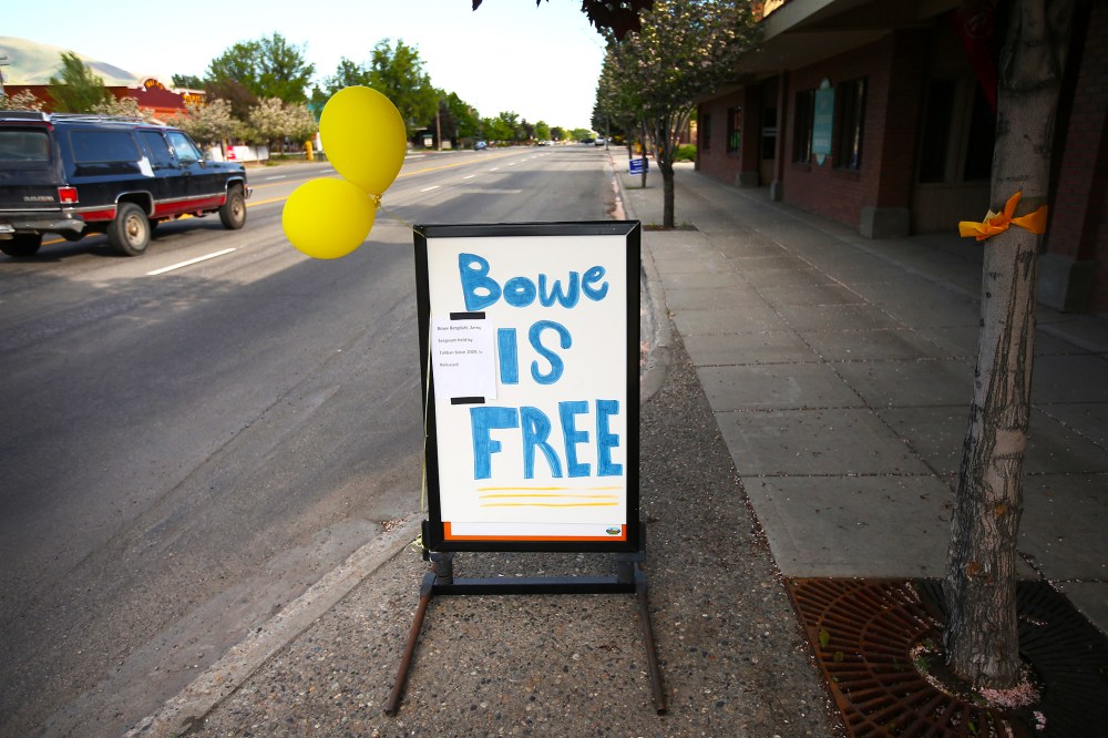 A sign announcing the release of Sgt. Bowe Bergdahl sits on Main Street in Hailey, Idaho, June 1, 2014.