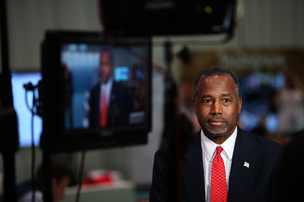Republican presidential candidate Ben Carson prepares for a television interview before the start of the CNN republican presidential debate at The Venetian Las Vegas on Dec. 15, 2015 in Las Vegas, Nev. (Photo by Justin Sullivan/Getty)