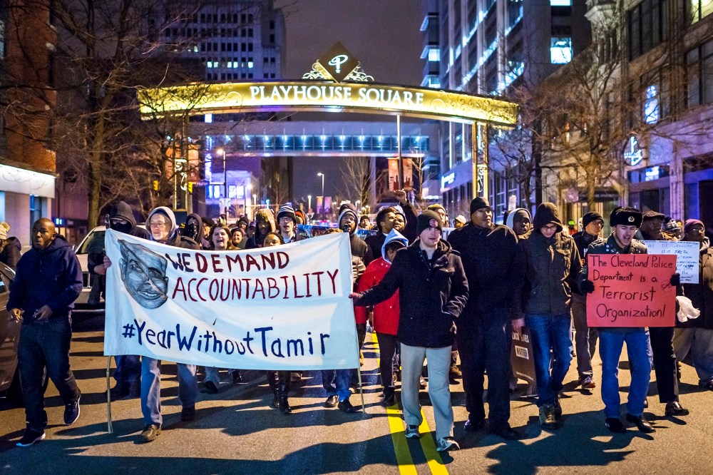 A group of protestors march on Huron Road on Dec. 29, 2015 in Cleveland, Ohio. (Photo by Angelo Merendino/Getty)