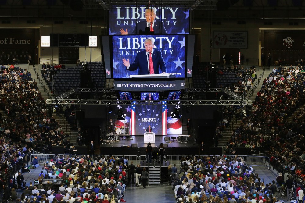 Republican presidential candidate Donald Trump delivers the convocation at the Vines Center on the campus of Liberty University Jan. 18, 2016 in Lynchburg, Va. (Photo by Chip Somodevilla/Getty)