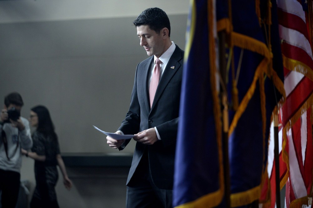 House Speaker Paul Ryan arrives to his weekly briefing at the U.S Capitol on Feb. 11, 2016 in Washington, D.C. (Photo by Olivier Douliery/Getty)