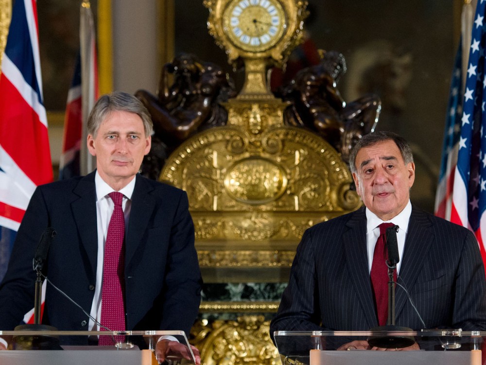 British Defence Secretary Philip Hammond (L) and US Defence Secretary Leon Panetta (R) hold a joint press conference in Lancaster House, central London, on January 19, 2013. Hammond said the hostage crisis in Algeria had been ended by the Algerian...