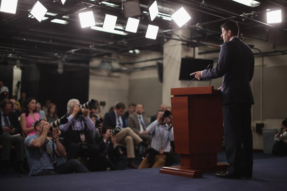 Speaker of the House Paul Ryan (R-WI) holds his weekly news conference in the U.S. Capitol Visitors Center May 26, 2016 in Washington, DC. (Photo by Chip Somodevilla/Getty)